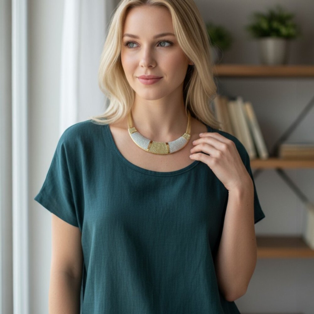 DESIGNER GOLD SILVER CRYSTAL RHIENSTONES DETAIL GOLD CHAIN STATEMENT NECKLACE